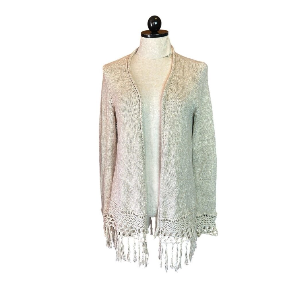 Lucky Brand Open Cardigan Oatmeal‎ Beige Knit Fringe Crocheted Sz S